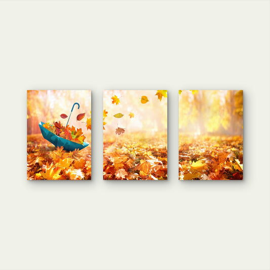 3pcs Autumn Fall Golden Leaves Blue Umbrella Wall Art Set Canvas Framed 50x70cm - High Quality Print 100% Australian Made Wall Canvas Ready to Hang