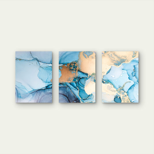 3pcs Elegant Blue Ocean Wave Gold Liquid Ink Wall Art Set Canvas Framed 50x70cm - High Quality Print 100% Australian Made Wall Canvas Ready to Hang