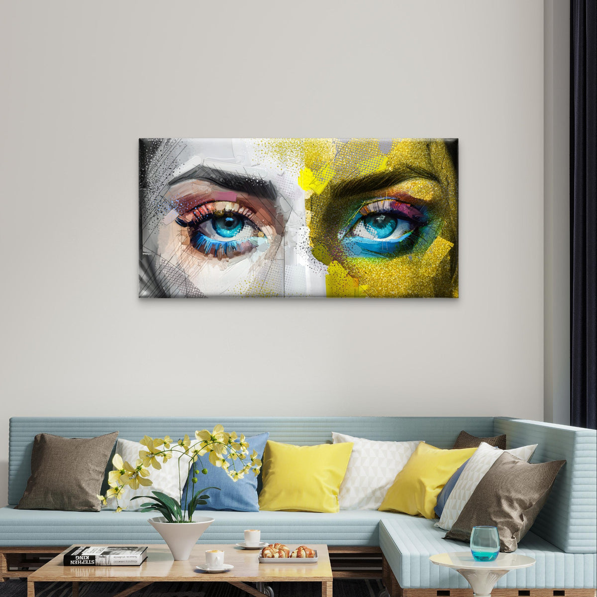 Blue Eyes Woman Face Abstract Wall Art Canvas Office Home Framed 120x60cM