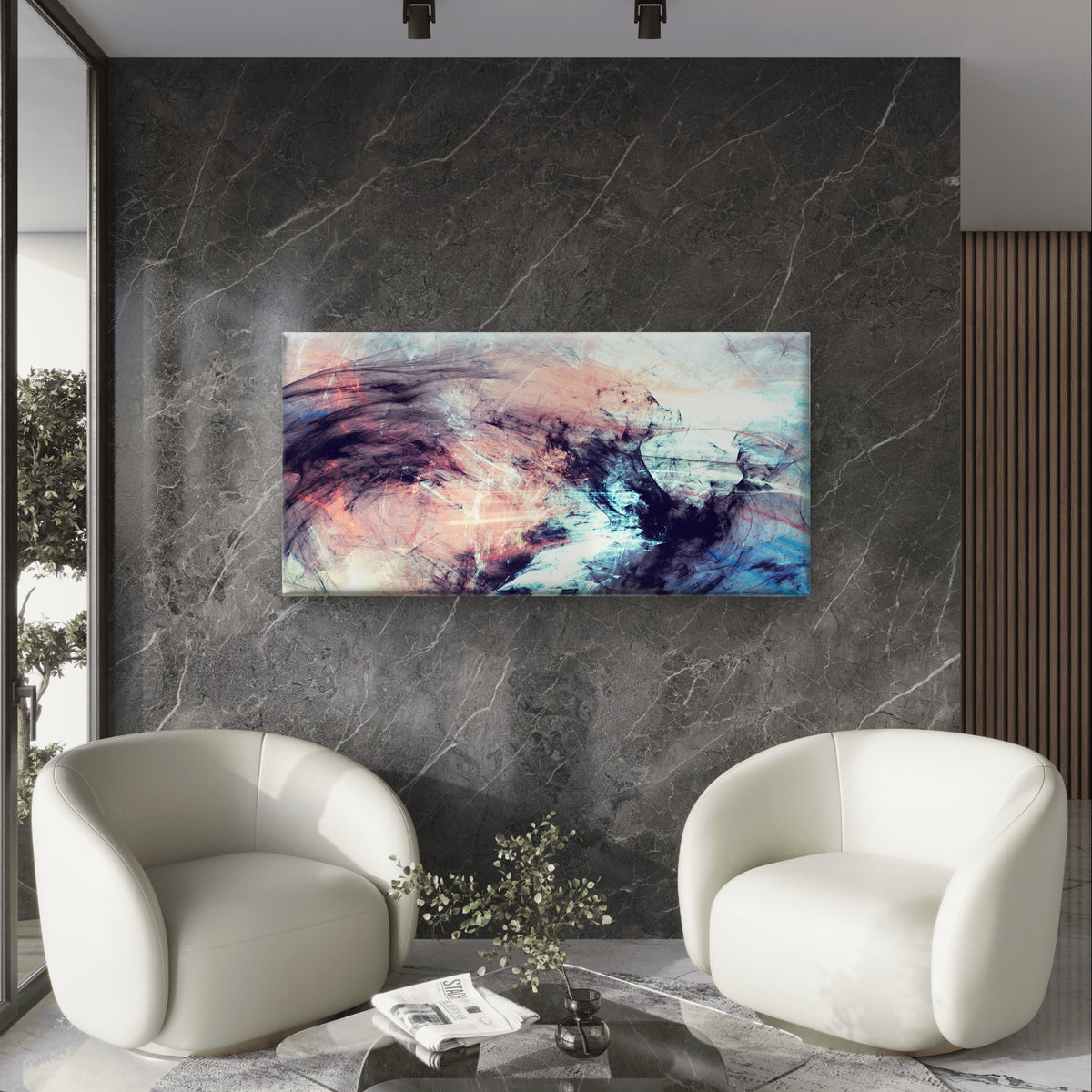 Abstract Blush Pink Navy Blue Nebula Wall Art Canvas Office Home Framed 120x60cm