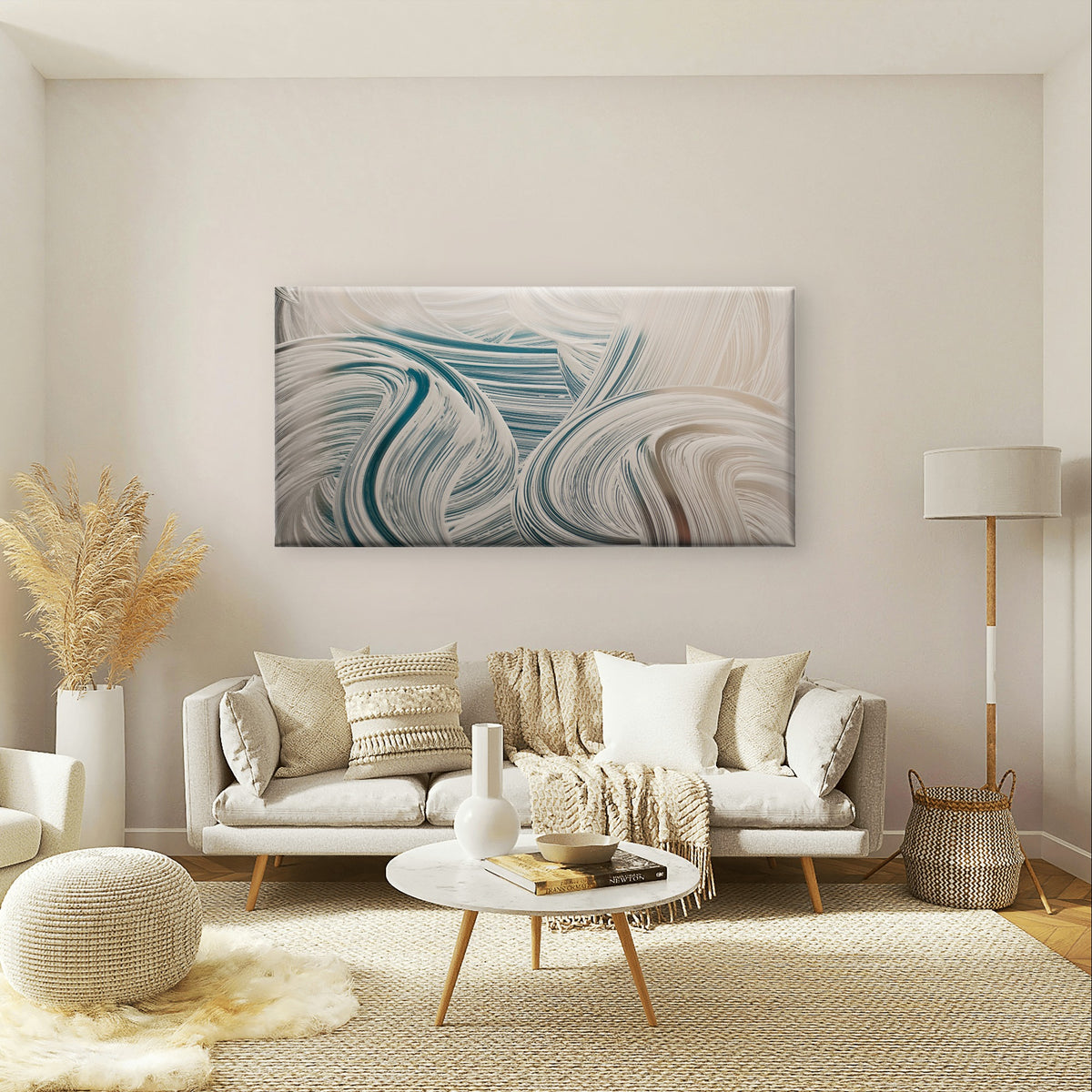 Contemporary Cream Blue Wave Pattern Wall Art Canvas Office Home Framed 120x60cm