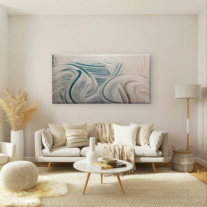 Contemporary Cream Blue Wave Pattern Wall Art Canvas Office Home Framed 120x60cm