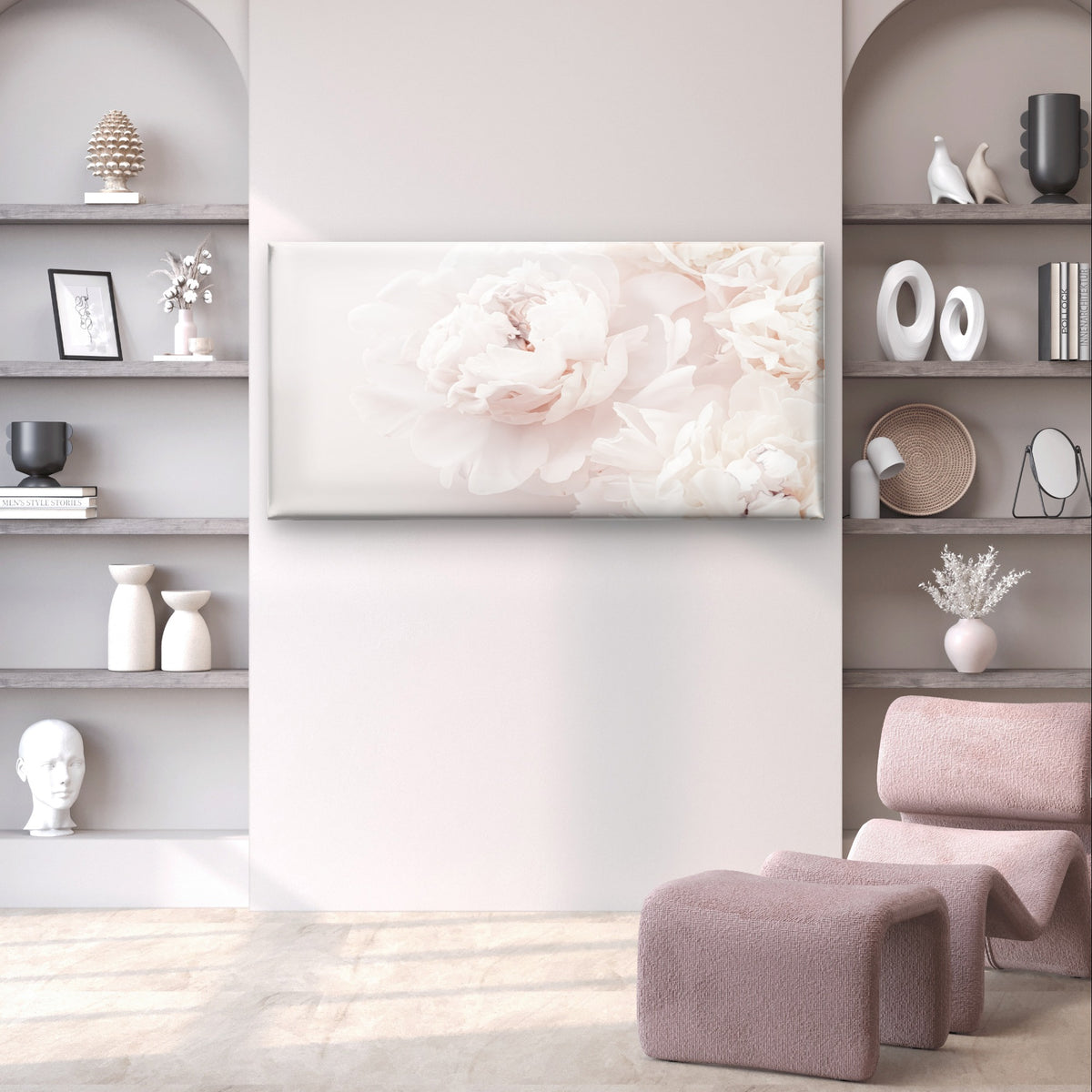 Blush Pink Peony Flower Petals Soft Wall Art Canvas Office Home Framed 120x60cm