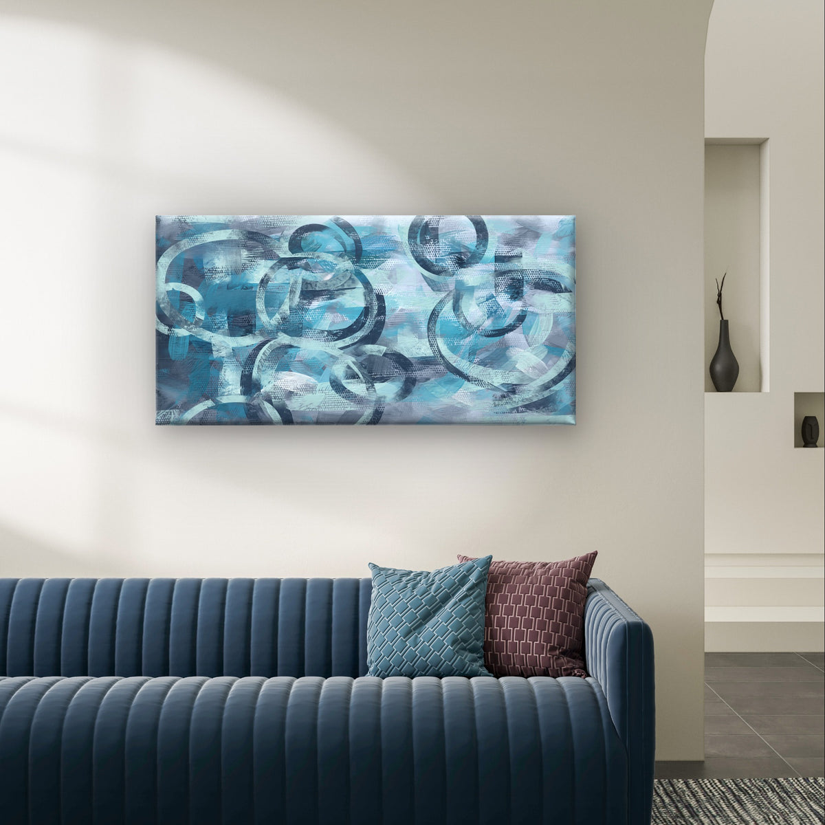 Blue Teal Geometric Circle Abstract Wall Art Canvas Office Home Framed 120x60cm