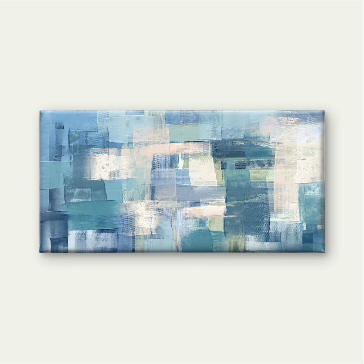 Blue Teal Block Abstract Oil Palette Wall Art Canvas Office Home Framed 120x60cm