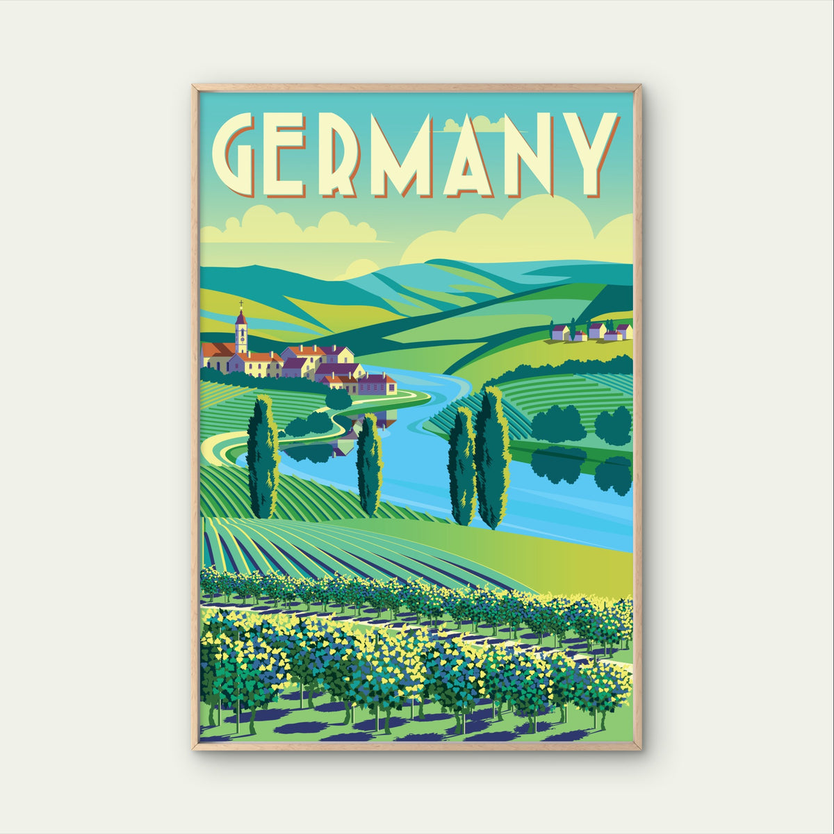 Germany Rhine Valley Vineyard Hills Rhine Retro Travel Poster Print Wall Art