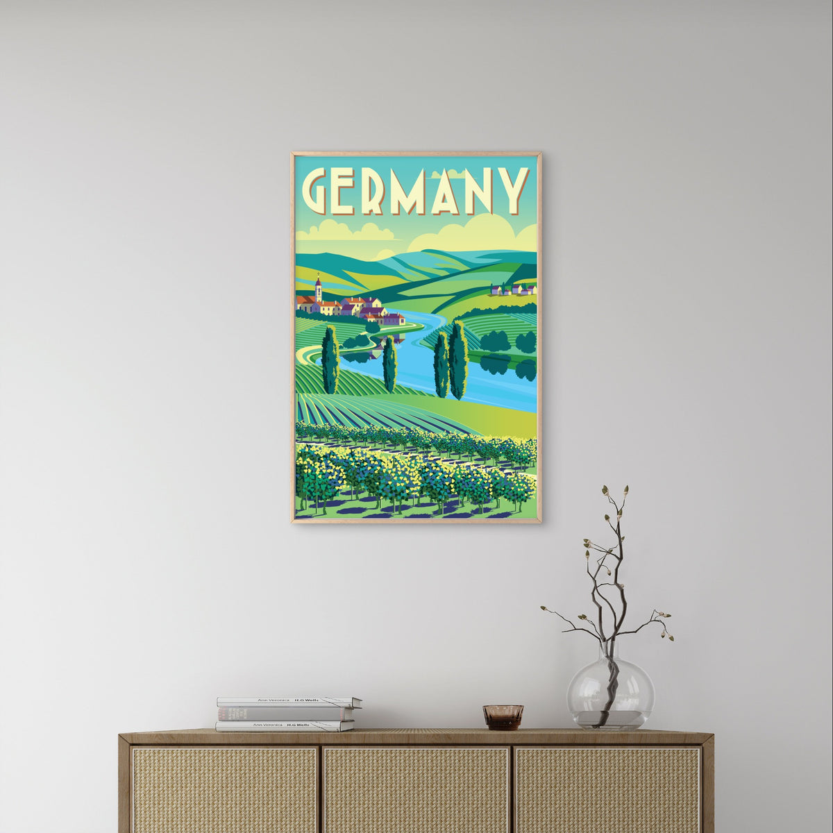 Germany Rhine Valley Vineyard Hills Rhine Retro Travel Poster Print Wall Art