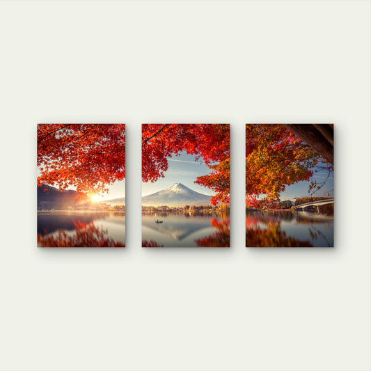3pcs Japan Mount Fuji Autumn Nature Mountain Wall Art Set Canvas Framed 40x60cm - High Quality Print 100% Australian Made Wall Canvas Ready to Hang