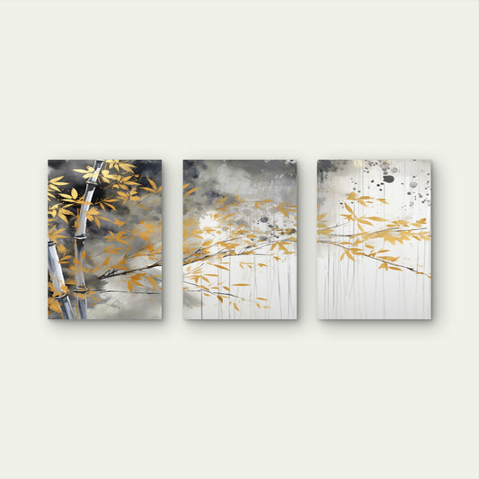 3pcs Abstract Gold Bamboo Leaf Chinese Style Wall Art Set Canvas Framed 60x90cm - High Quality Print 100% Australian Made Wall Canvas Ready to Hang