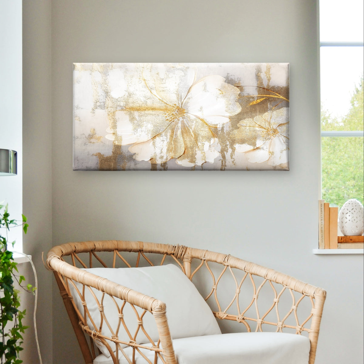 Modern Abstract Gold Leaf Flower Wall Art Canvas Office Home Framed 120x60cm