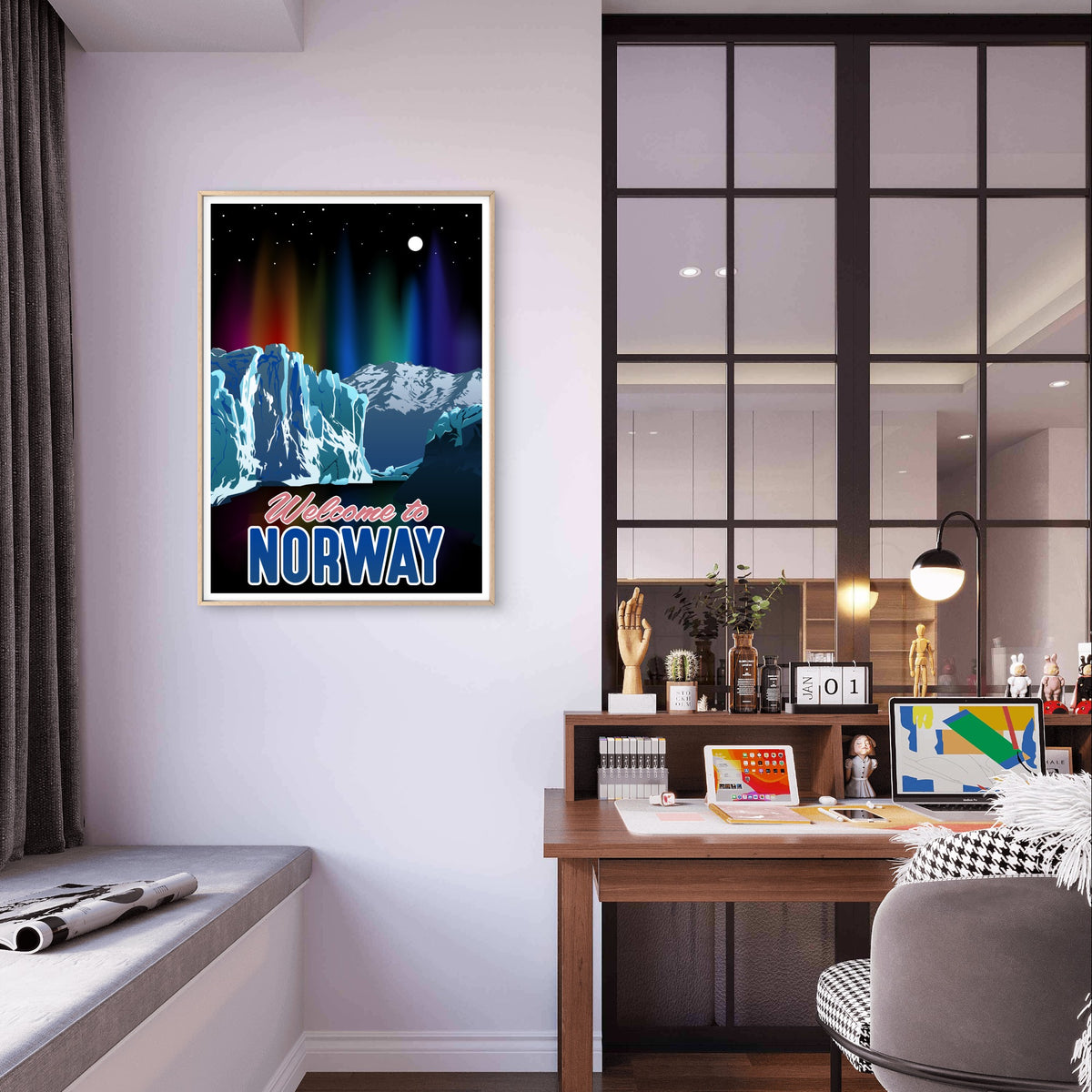 Norway Northern Lights Aurora Borealis Fjord Sky Travel Poster Print Wall Art