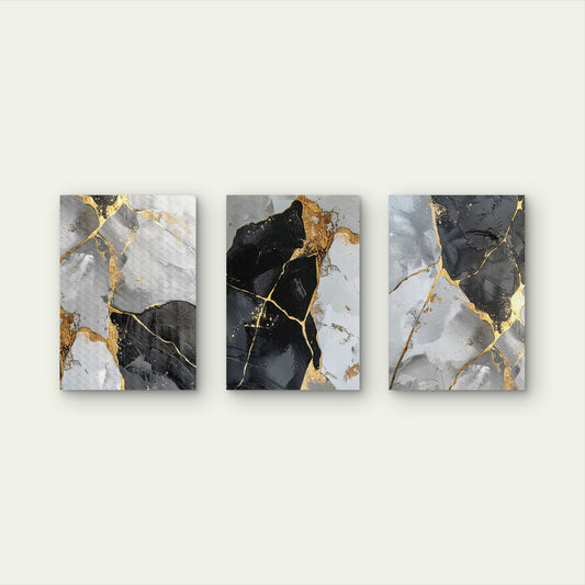 3pcs Metallic Gold Leaf Dark Gray Painting Wall Art Set Canvas Framed 50x70cm - High Quality Print 100% Australian Made Wall Canvas Ready to Hang