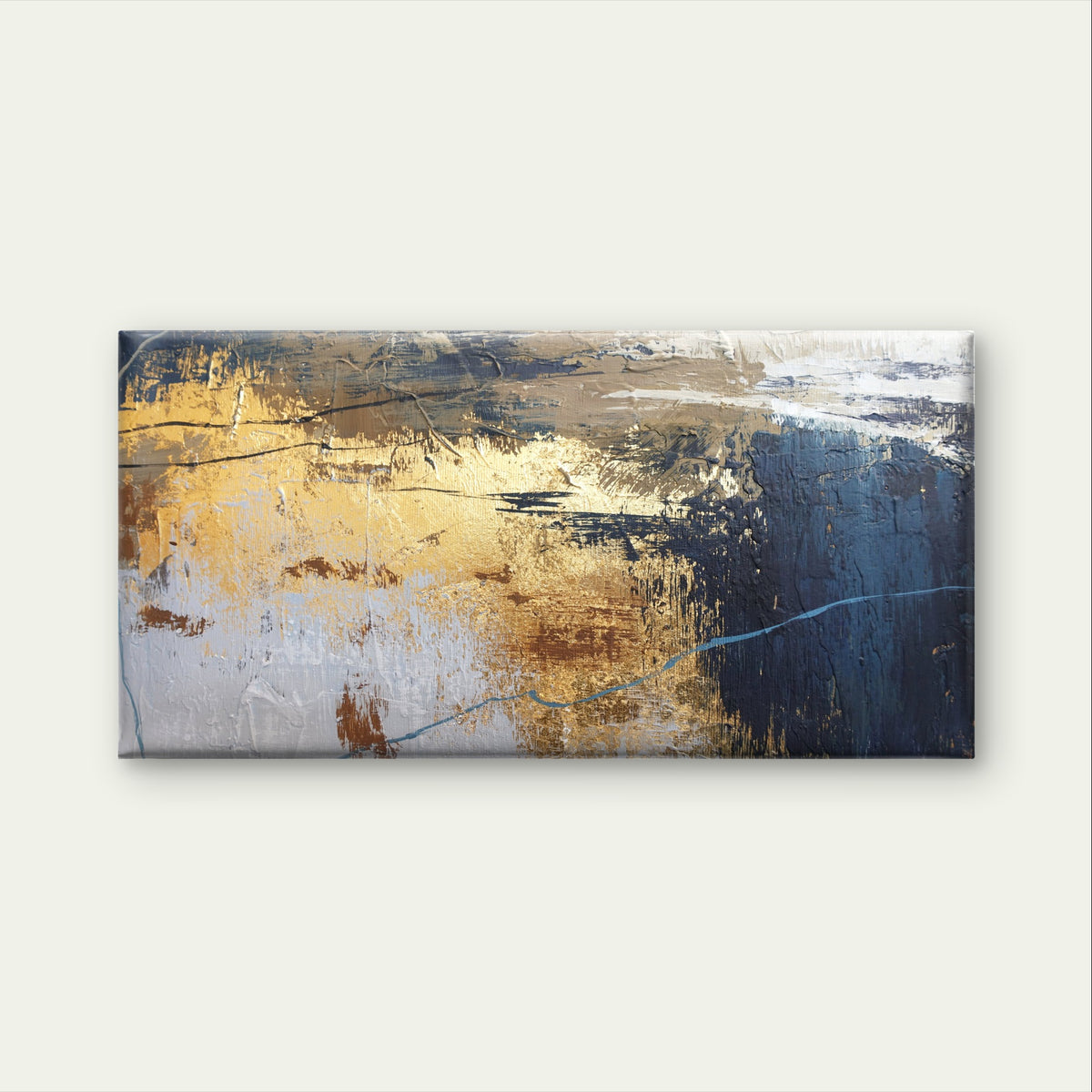 Navy Blue Metallic Gold Leaf Foil Wall Art Canvas Office Home Framed 120x60cm