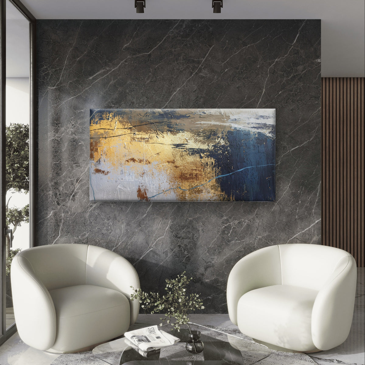 Navy Blue Metallic Gold Leaf Foil Wall Art Canvas Office Home Framed 120x60cm