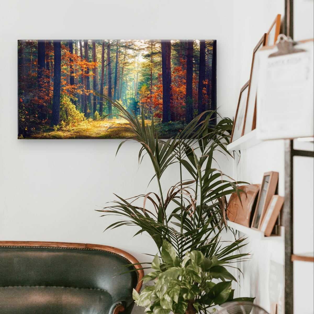 Autumn Forest Path Sunlit Tree Pine Wall Art Canvas Office Home Framed 120x60cm