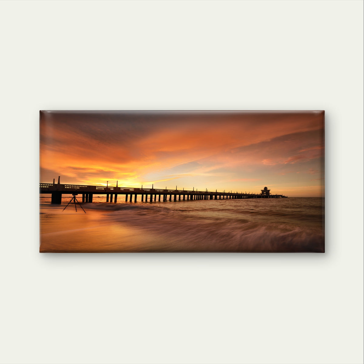 Golden Orange Sea Jetty Wave Coast Wall Art Canvas Office Home Framed 120x60cm