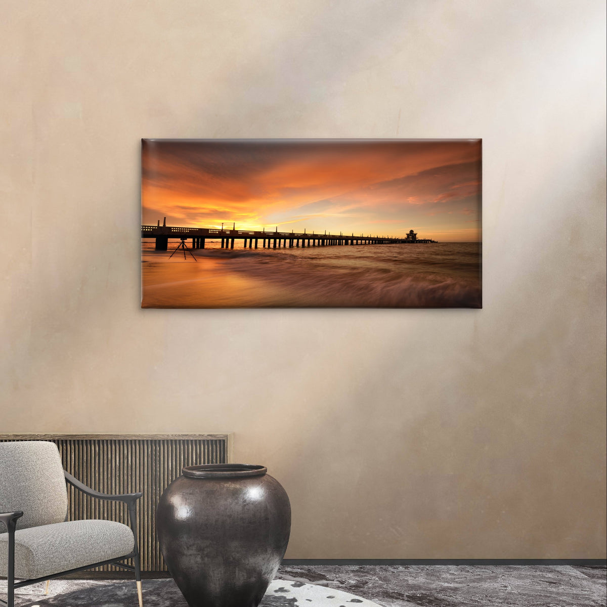 Golden Orange Sea Jetty Wave Coast Wall Art Canvas Office Home Framed 120x60cm