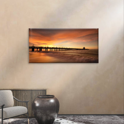 Golden Orange Sea Jetty Wave Coast Wall Art Canvas Office Home Framed 120x60cm