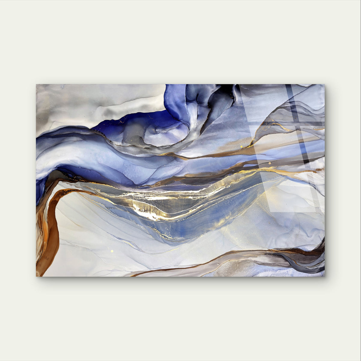 Blue Alcohol Abstract Fluid Gold Vein Acrylic Glass Printing Wall Art Australian Made Quality