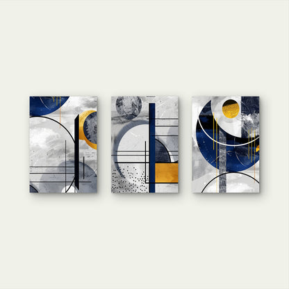 3pcs Modern Abstract Blue Gold Geometric Wall Art Set Canvas Framed 40x60cm - High Quality Print 100% Australian Made Wall Canvas Ready to Hang
