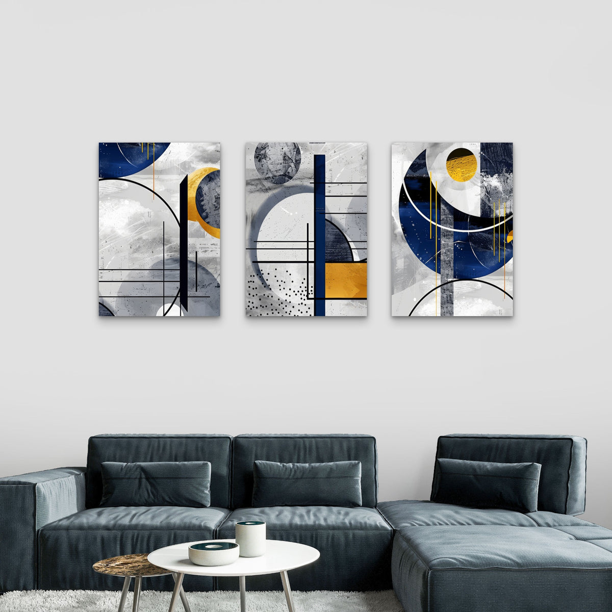 3pcs Modern Abstract Blue Gold Geometric Wall Art Set Canvas Framed 60x90cm - High Quality Print 100% Australian Made Wall Canvas Ready to Hang