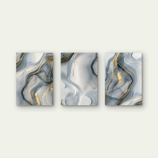 3pcs Modern Grey Golden Fluid Marble Artwork Wall Art Set Canvas Framed 40x60cm - High Quality Print 100% Australian Made Wall Canvas Ready to Hang