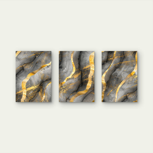 3pcs Luxury Black Grey Gold Fluid Marble Design Wall Art Set Canvas Framed 40x60cm - High Quality Print 100% Australian Made Wall Canvas Ready to Hang
