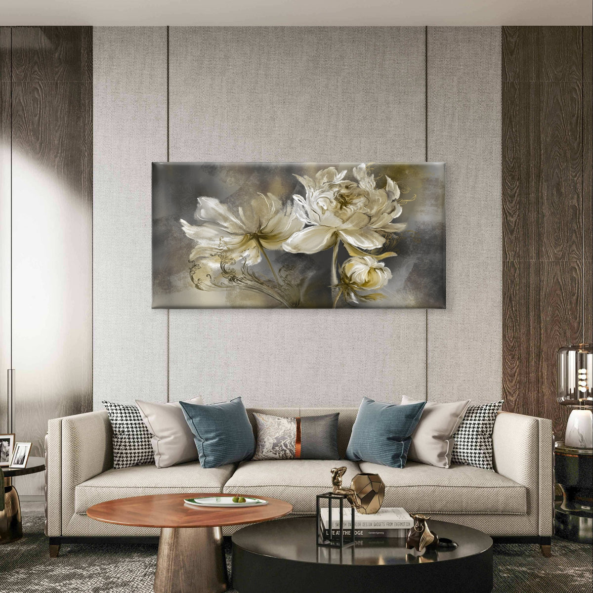 Nordic Grey Cream Textured Bloom Wall Art Canvas Office Home Framed 120x60cm