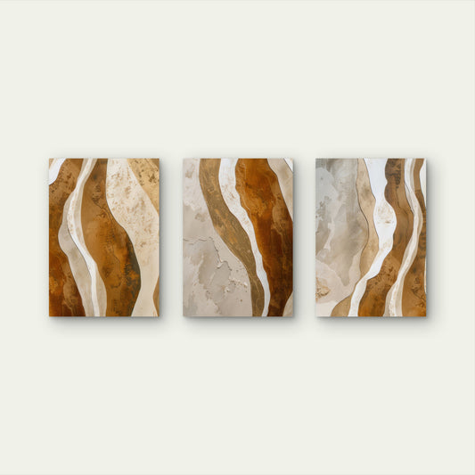 3pcs Abstract Brown Gold Wave Terracotta Neutral Wall Art Set Canvas Framed 50x70cm - High Quality Print 100% Australian Made Wall Canvas Ready to Hang