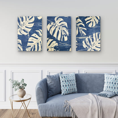 3pcs Blue Monstera Palm Leaf Botanical Modern Wall Art Set Canvas Framed 40x60cm - High Quality Print 100% Australian Made Wall Canvas Ready to Hang