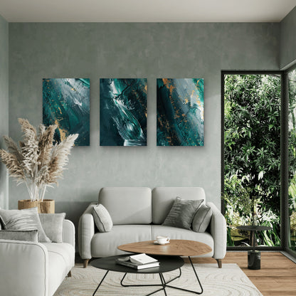 3pcs Emerald Green Teal Abstract Gold Luxury Wall Art Set Canvas Framed 60x90cm - High Quality Print 100% Australian Made Wall Canvas Ready to Hang