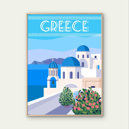 Greece Santorini Vintage Retro Blue Dome Church Travel Poster Print Wall Art
