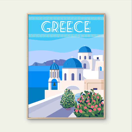 Greece Santorini Vintage Retro Blue Dome Church Travel Poster Print Wall Art