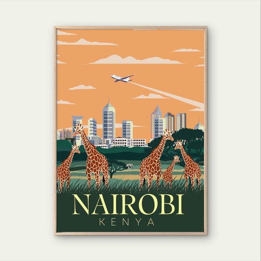 Nairobi Kenya Giraffe National Park City Skyline Travel Poster Print Wall Art