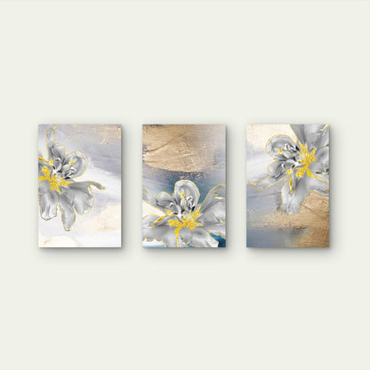 3pcs Luxury Grey Gold Leaf Floral Blossom Wall Art Set Canvas Framed 50x70cm - High Quality Print 100% Australian Made Wall Canvas Ready to Hang