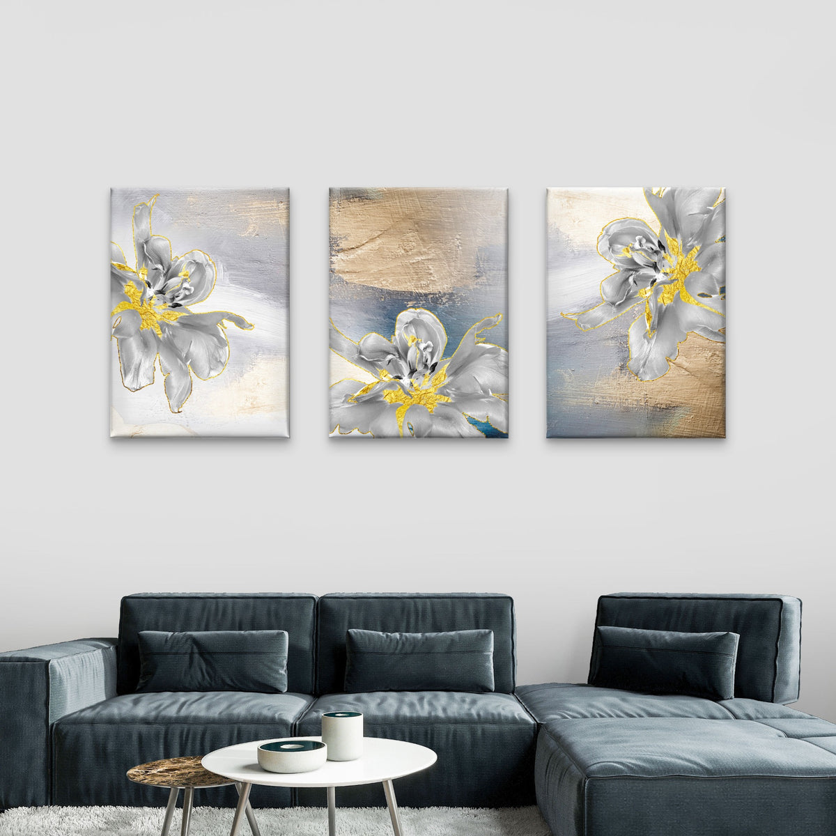 3pcs Luxury Grey Gold Leaf Floral Blossom Wall Art Set Canvas Framed 40x60cm - High Quality Print 100% Australian Made Wall Canvas Ready to Hang