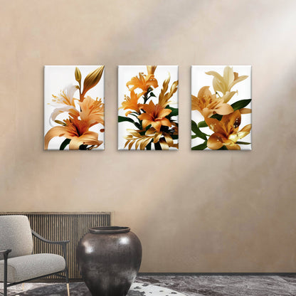 3pcs Refined Metallic Foil Tiger Lily Blooming Wall Art Set Canvas Framed 40x60cm - High Quality Print 100% Australian Made Wall Canvas Ready to Hang