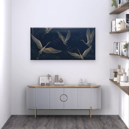 Navy Blue Gold Line Flying Crane Wall Art Canvas Office Home Framed 120x60cm