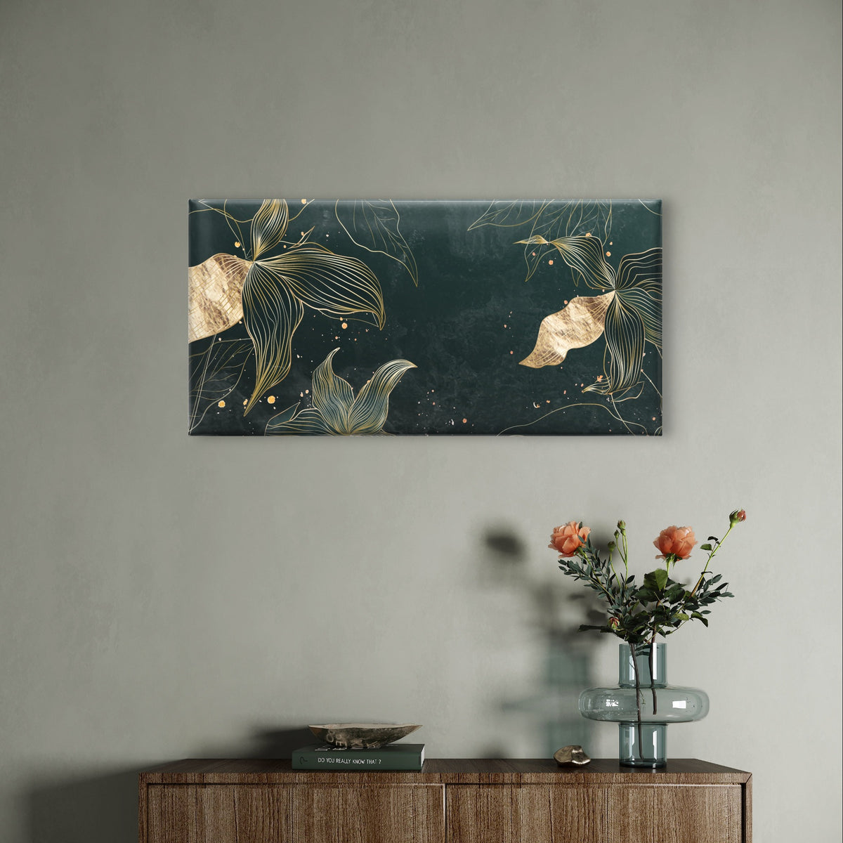 Dark Emerald Green Gold Leaf Art Wall Art Canvas Office Home Framed 120x60cm
