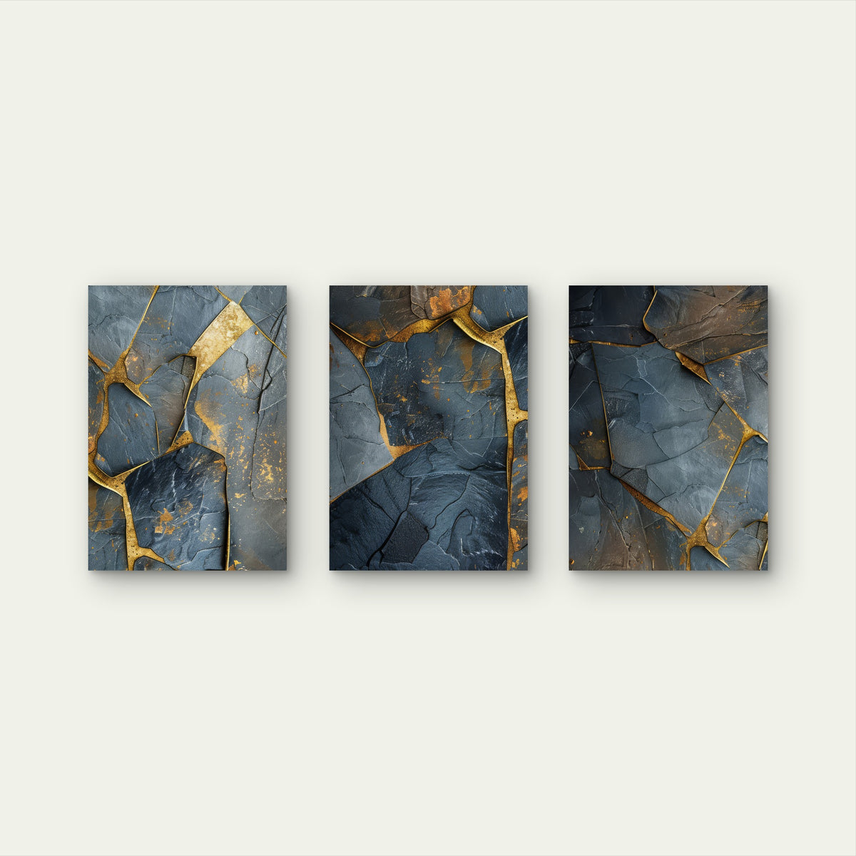 3pcs Luxury Abstract Golden Grey Slate Stone Wall Art Set Canvas Framed 50x70cm - High Quality Print 100% Australian Made Wall Canvas Ready to Hang