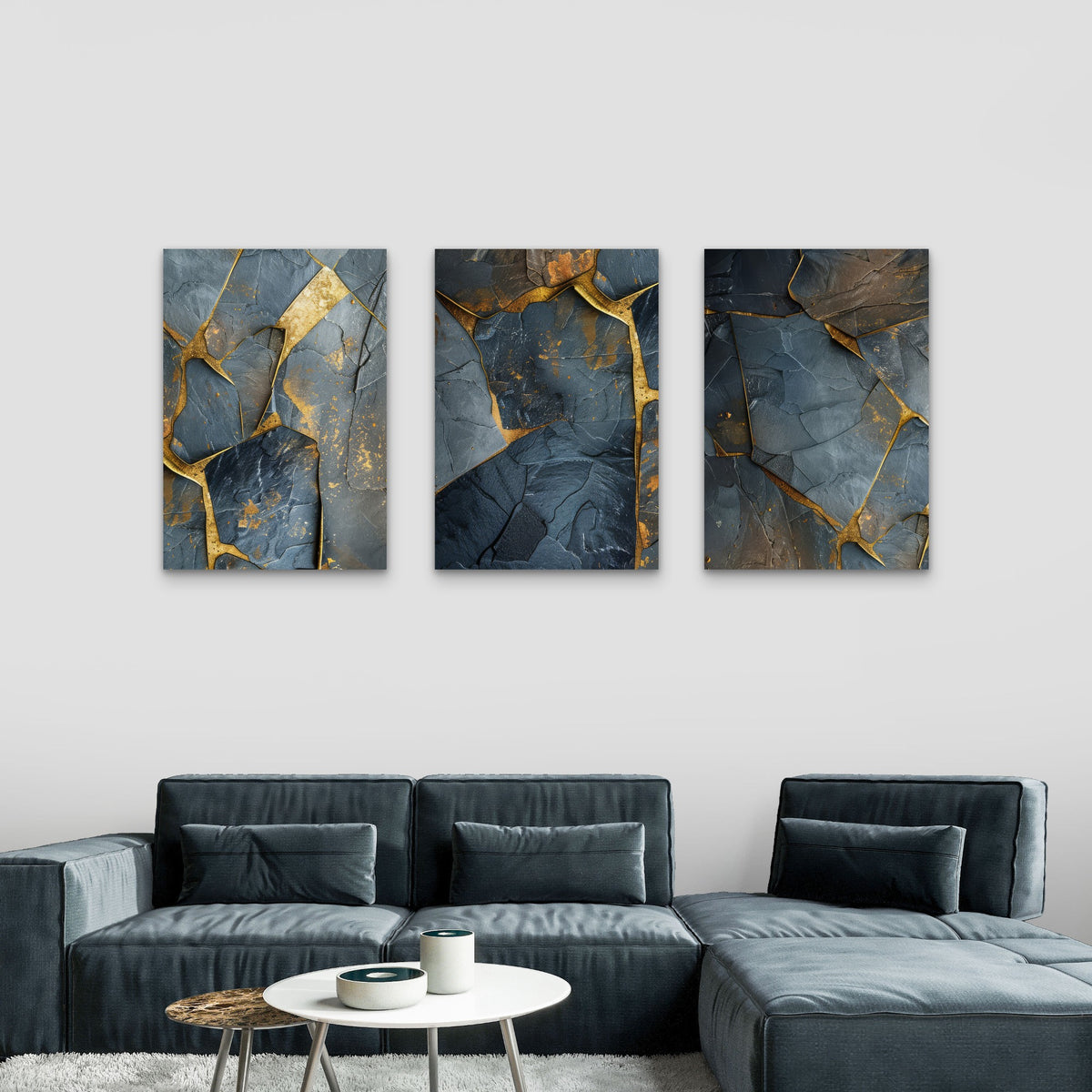 3pcs Luxury Abstract Golden Grey Slate Stone Wall Art Set Canvas Framed 40x60cm - High Quality Print 100% Australian Made Wall Canvas Ready to Hang