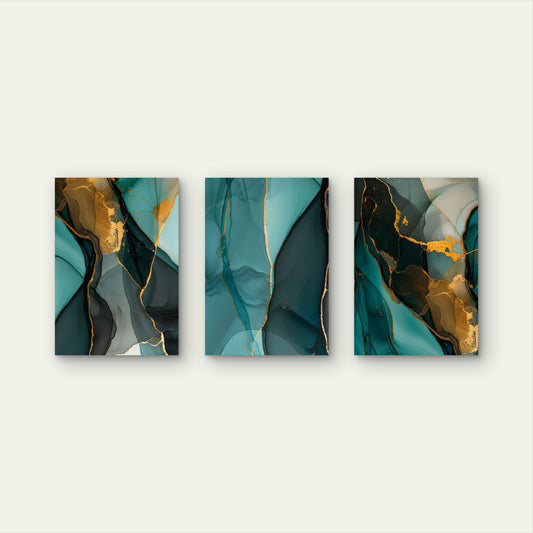 3pcs Luxury Teal Gold Marble Alcohol Ink Art    Wall Art Set Canvas Framed 60x90cm - High Quality Print 100% Australian Made Wall Canvas Ready to Hang