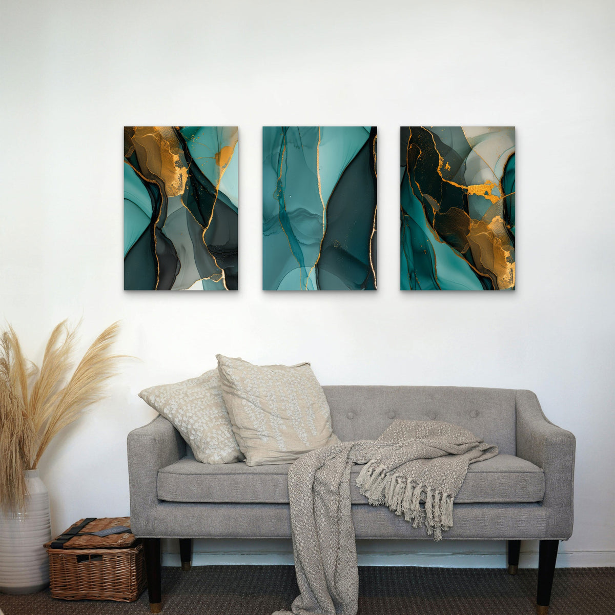 3pcs Luxury Teal Gold Marble Alcohol Ink Art Wall Art Set Canvas Framed 50x70cm - High Quality Print 100% Australian Made Wall Canvas Ready to Hang