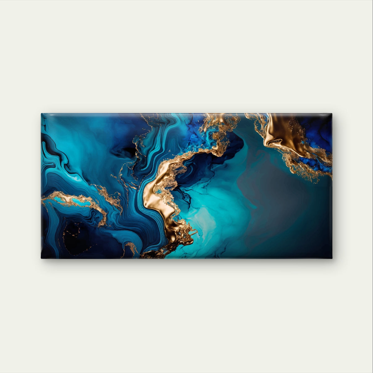 Blue Teal Gold Marble Liquid Agate Wall Art Canvas Office Home Framed 120x60cm