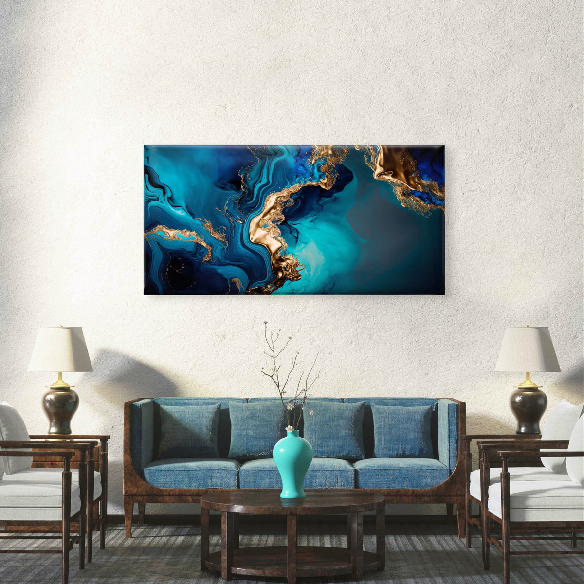Blue Teal Gold Marble Liquid Agate Wall Art Canvas Office Home Framed 120x60cm