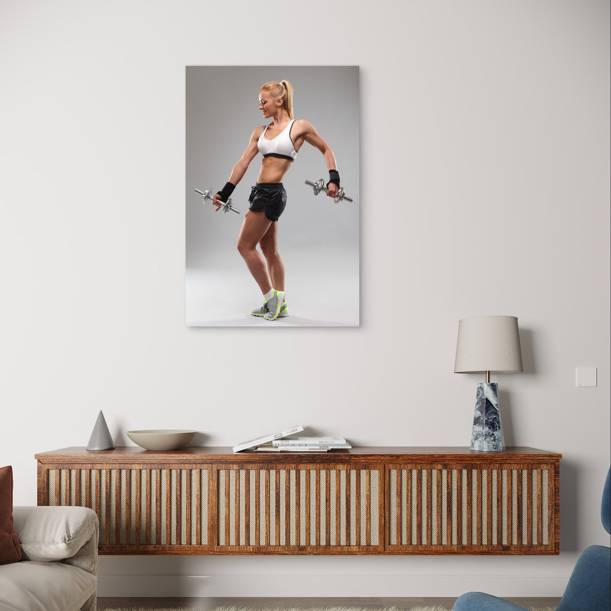 Fitness Woman Dumbbells Weights Workout 5mm Plastic Poster Ready to Hang 90x60cm
