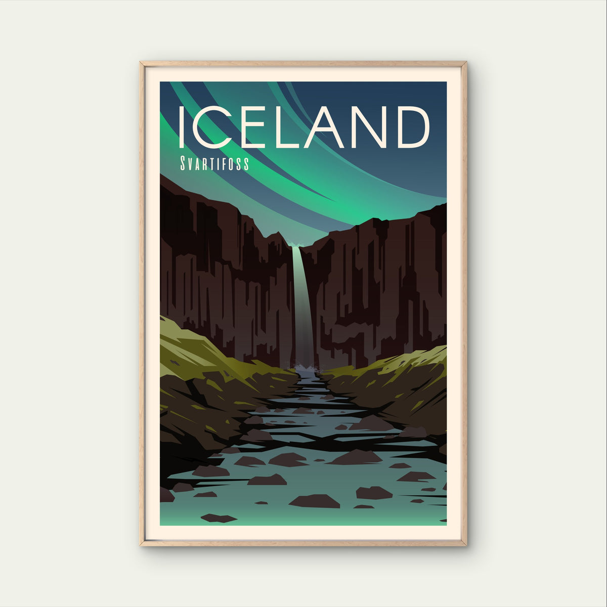 Iceland Svartifoss Waterfall Northern Lights Travel Poster Print Wall Art