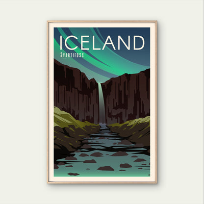 Iceland Svartifoss Waterfall Northern Lights Travel Poster Print Wall Art