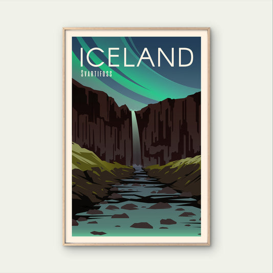 Iceland Svartifoss Waterfall Northern Lights Travel Poster Print Wall Art