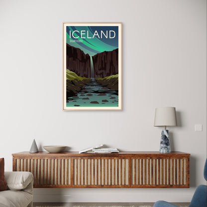 Iceland Svartifoss Waterfall Northern Lights Travel Poster Print Wall Art